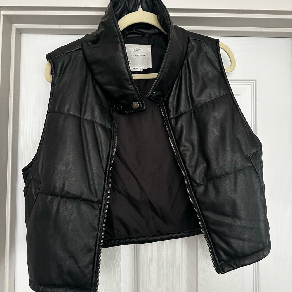 Anthropologie Faux Leather Cropped Black Puffer Vest